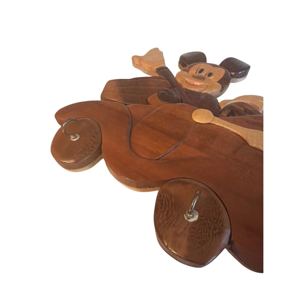 Disney Wall Hanging Brown Mickey Mouse Intarsia Wood Car Key Rack Folk Art Decor